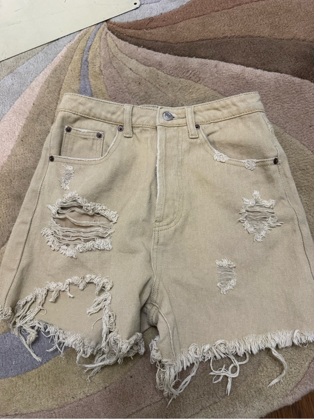 Signature8 Distressed Beige Jean Shorts with Frayed Hem NWOT